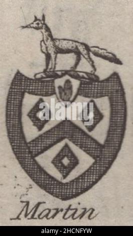 antique 18th century engraving heraldy coat of arms, English Baronet of Martin  by Woodman & Mutlow fc russel co circa 1780s Source: original engravings from  the annual almanach book. Stock Photo