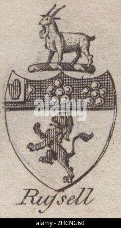 antique 18th century engraving heraldy coat of arms, English Baronet of Russell by Woodman & Mutlow fc russel co circa 1780s Source: original engravings from  the annual almanach book. Stock Photo