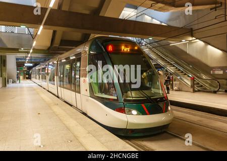 Strasbourg, France - October 29, 2021: Modern light rail tram model Alstom Citadis public transport transit transportation underground station Gare Ce Stock Photo