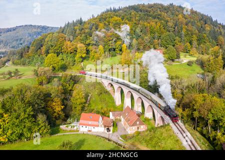 Rudersberg, Germany - October 17, 2021: Steam train locomotice railway engine of Schwäbische Waldbahn in Rudersberg, Germany. Stock Photo