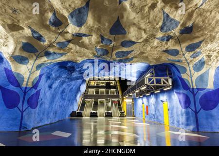 Stockholm, Sweden - June 26, 2013: Artistic Metro station T-Centralen of tunnelbana underground subway in Stockholm, Sweden. Stock Photo