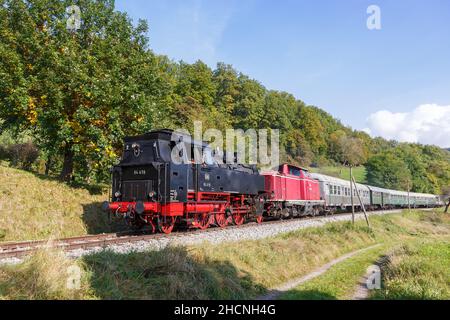 Rudersberg, Germany - October 17, 2021: Steam train locomotice railway engine of Schwäbische Waldbahn in Rudersberg, Germany. Stock Photo