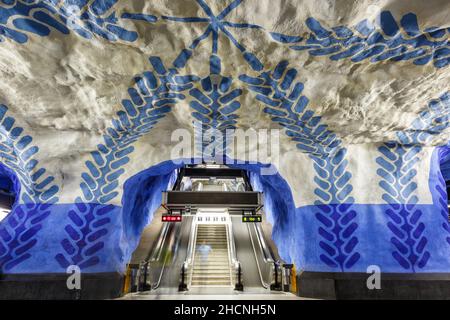 Stockholm, Sweden - June 26, 2013: Artistic Metro station T-Centralen of tunnelbana underground subway in Stockholm, Sweden. Stock Photo
