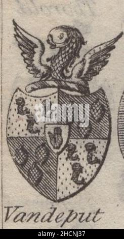 antique 18th century engraving heraldy coat of arms, English Baronet of Vandeput  by Woodman & Mutlow fc russel co circa 1780s Source: original engravings from  the annual almanach book. Stock Photo