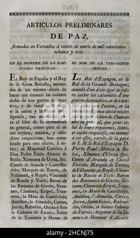 Preliminary articles of peace. The representatives of Spain and Great Britain, meeting in Versailles (France) on 20 January 1783, signed the preliminary articles of the Treaty of Versailles. They agreed to end the war between Spain, France, England and the United States. The emperors of Russia and Austria acted as mediators because of the tense negotiations. Collection of the Treaties of Peace, Alliance, Commerce adjusted by the Crown of Spain with the Foreign Powers (Colección de los Tratados de Paz, Alianza, Comercio ajustados por la Corona de España con las Potencias Extranjeras). Volume II Stock Photo