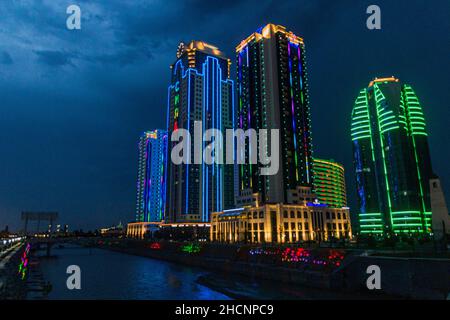 GROZNY, RUSSIA - JUNE 24, 2018: Night view of the skyscrapes of Grozny City, Chechnya, Russia Stock Photo