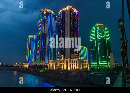 GROZNY, RUSSIA - JUNE 24, 2018: Night view of the skyscrapes of Grozny City, Chechnya, Russia Stock Photo