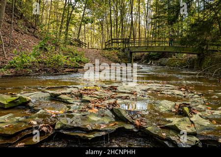 Deerlick Creek shortly upstream from Bridal Veil Falls at Cuyahoga Valley National Park during Autumn leaf color change in Ohio. Stock Photo