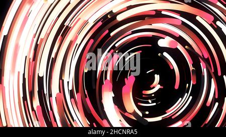 Spinning colorful symmetric funnel pink and red colored curved lines with 3D effect. Amazing blurred bright narrow stripes moving in a circle, seamles Stock Photo