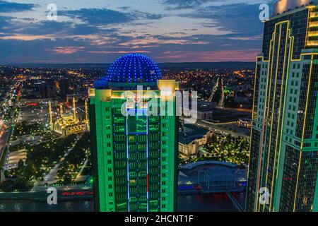GROZNY, RUSSIA - JUNE 25, 2018: Night aerial view of Grozny, Russia Stock Photo