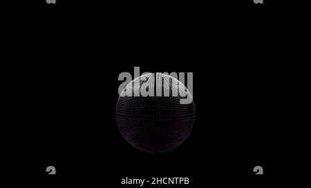 White particle energy sphere rotating on black background. White small dots spreading and spinning in the dark, monochrome. Stock Photo