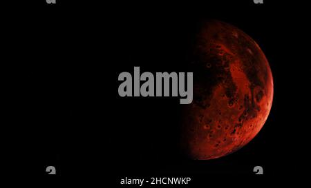 Abstract round red planet rotating on black background, seamless loop. Day and night on red Mars planet, light and shadow, spinning colorful sphere in Stock Photo