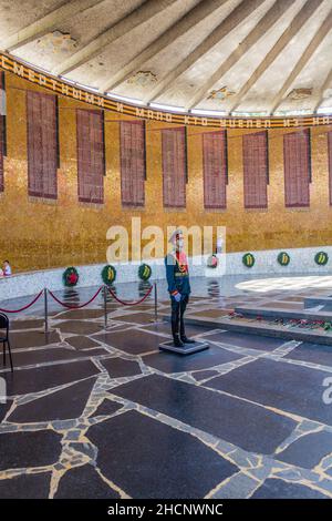 VOLGOGRAD, RUSSIA - JUNE 28, 2018: Guard of the Eternal Flame at the Memorial complex commemorating the Battle of Stalingrad at the Mamayev Hill in Vo Stock Photo