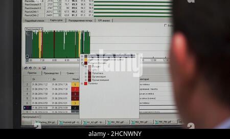 Back view over the shoulder shot of developer programmer with laptop. Coding code program programming developer compute web development coder work des Stock Photo