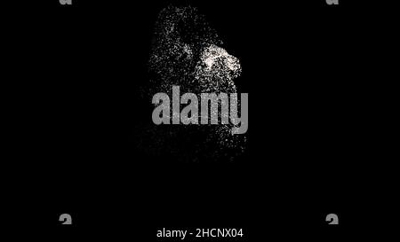 White particle energy sphere rotating on black background. White small dots spreading and spinning in the dark with a kernel in the middle, monochrome Stock Photo