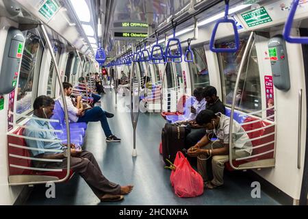 SINGAPORE, SINGAPORE - MARCH 11, 2018: Interior of a MRT train in Singapore. Stock Photo