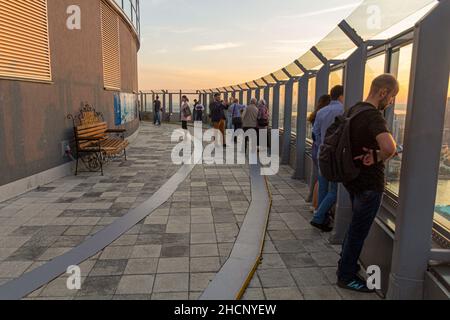 YEKATERINBURG, RUSSIA - JULY 3, 2018: Vysotskiy Viewing Platform in Yekaterinburg during the sunset, Russia Stock Photo