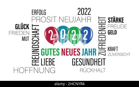 Happy New Year 2022 - Text and balloons on a white background. Text in German language.