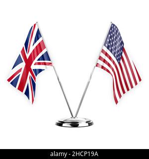 Two table flags isolated on white background 3d illustration, united kingdom and usa Stock Photo