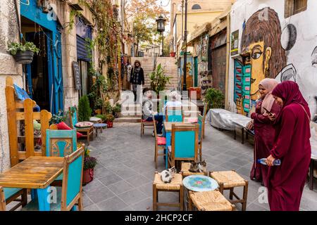 Two Women Take Photographs of Some Kittens That Are Outside A Cafe In Downtown Amman, Amman, Jordan. Stock Photo