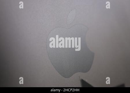 Surabaya, Indonesia - December 15, 2021 : Selective focus, close up of Macbook Pro writing on apple device Stock Photo