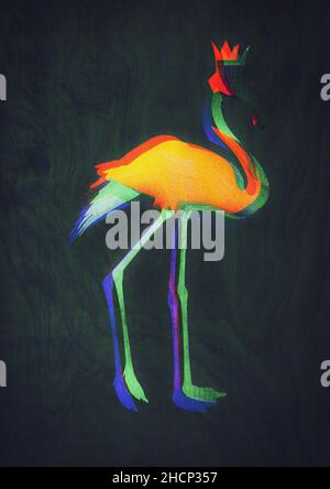 Esthetic Glitch flamingo with. crown on. wood texture, pink, orange and green, fine art with futuristic design. grunge painting, clashing. 3d design f Stock Photo