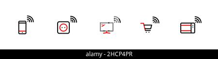 Internet of things. Smart wireless connection devices. Phone, electric outlet, TV, shopping cart and a microwave oven. Pixel perfect, editable stroke Stock Vector