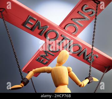 Emotions control, power, influence and manipulation symbolized by control bar with word Emotions pulling the strings (chains) of a wooden puppet, 3d i Stock Photo