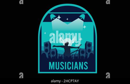 musicians man with mic in crowd  and with speaker music t-shirt monogram text vector template Stock Vector