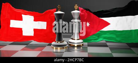 Switzerland Jordan talks, meeting or trade between those two countries that aims at solving political issues, symbolized by a chess game with national Stock Photo