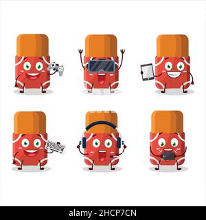 red eraser cartoon character are playing games with various cute emoticons. Vector illustration Stock Vector