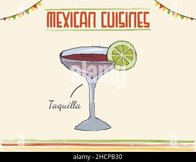 Mexican Tequila glass, a cocktail, drinking glass of Mexican famous drink. Vector drawing Mexican isolated dish colored vector doodle. Mexican cuisine Stock Vector