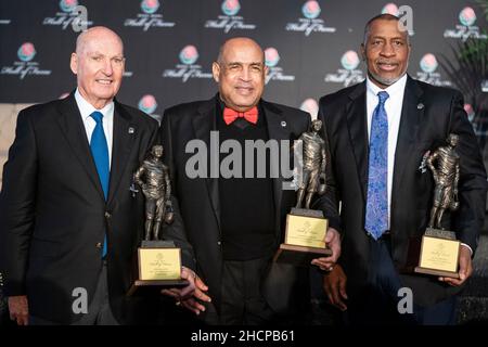 Jim Delany (Big Ten), Anthony Davis (USC) and Ron Simpkins (Michigan) with Hall of Fame trophies during the Rose Bowl Hall of Fame Induction Ceremony, Stock Photo