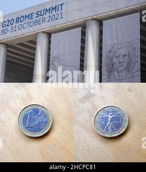 (211231) -- BRUSSELS, Dec. 31, 2021 (Xinhua) -- Combo photo shows the poster of Leonardo da Vinci's Vitruvian Man outside the media center of the G20 Heads of State and Government Summit in EUR district of Rome, Italy, on Oct. 28, 2021 (up), the front side of 1-Euro coin in Rome, Italy, Dec. 30, 2021 (L, down) and the Vitruvian Man pattern on the back of the 1-Euro coin in Rome, Italy, Dec. 30, 2021. Euro banknotes and coins were physically introduced into eurozone countries in circulation on Jan. 1, 2002. The upcoming new year 2022 marks the 20th anniversary of the circulation of Euro. (Xinhu Stock Photo