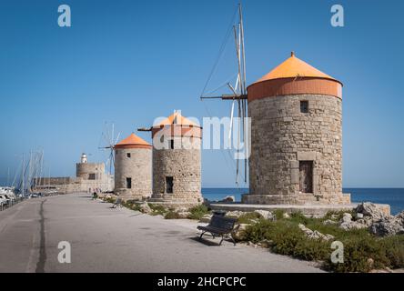 Windmills of Mandraki, Rhodes Island, Greece. Stock Photo