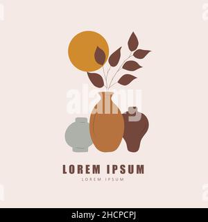 Poster with vases in boho style. Abstract silhouette of ceramic pots and clay jugs in pastel colors. Modern home wall decor. Hand drawn vector Stock Vector