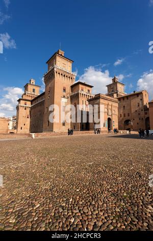 Estense Castle or Castle of San Michele (1385) is a moated medieval castle in the center of Ferrara, Emilia-Romagna, Italy, Europe. Stock Photo