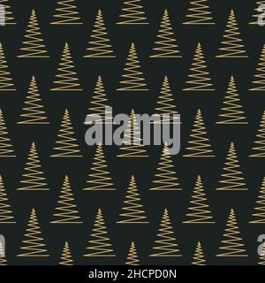 Seamless pattern with gold and black geometric Christmas trees vector illustration. Winter holidays, Merry Christmas and Happy New year abstract textured background design. Modern elegant wallpaper. Stock Vector