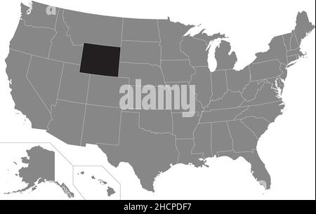 Black highlighted location administrative map of the US Federal State of Wyoming inside gray map of the United States of America Stock Vector