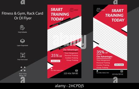 Fitness & Gym Rack Card or DL flyer Template Design Stock Vector