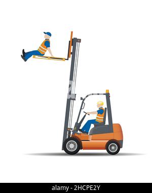 Dangers of working with a forklift truck. Lifting a person on a pallet is prohibited. Flat vector illustration. Stock Vector