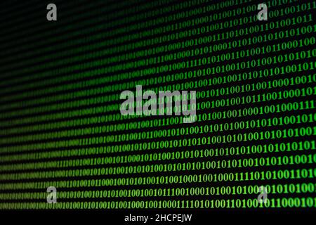 Binary Code on a monitor, seamless repeating binary code with green text on black background. Stock Photo