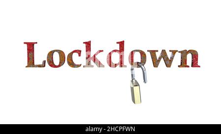 red rusty block lockdown word with open padlock abstract background 3D rendering isolated on white Stock Photo