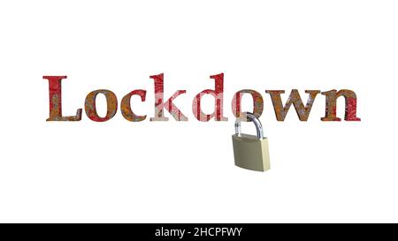 red rusty block lockdown word with closed padlock abstract background 3D rendering isolated on white Stock Photo