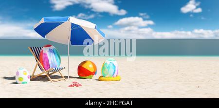 beach chair with colorful easter eggs flip-flop sandals next to a beach umbrella at the beach during a easter vacation in the Caribbean Stock Photo