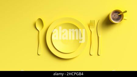 Cup of coffee with yellow fork, knife and spoon, top view. Clear ceramic dishware with set cutlery design. Empty green table ware for lunch or dinner Stock Photo
