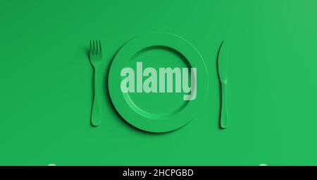 Blank green plate mockup with fork and knife, top view. Clear ceramic dishware with set cutlery design. Empty green  table ware for lunch or dinner in Stock Photo