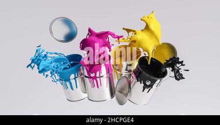 Four paint cans splashing CMYK colors, printing concept image Stock Photo