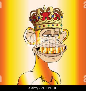 Golden bored ape king with gold teeth and red crown NFT artwork. Flat hand drawn vector illustration Stock Vector