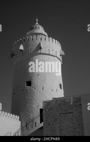 Turret at the Qasr al Hosn, White Fort, Old Fort, Palace Fort, formerly the residence of the ruling sheikh of Abu Dhabi, and emir’s palace Stock Photo